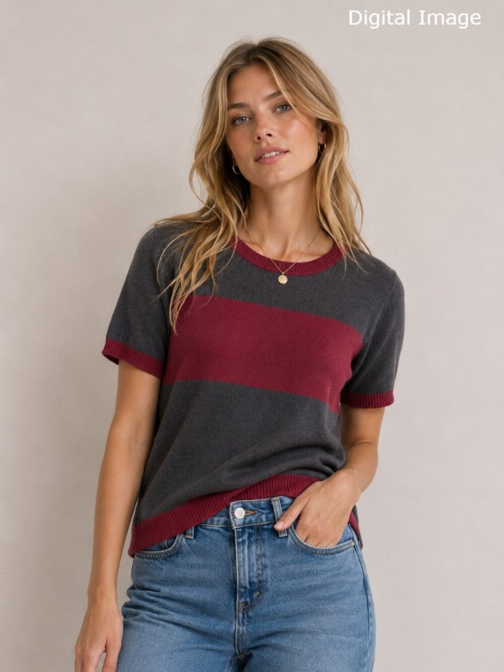 Harve Benard Fine Knit Top Large Gray Burgundy Wool Blend Short Sleeve